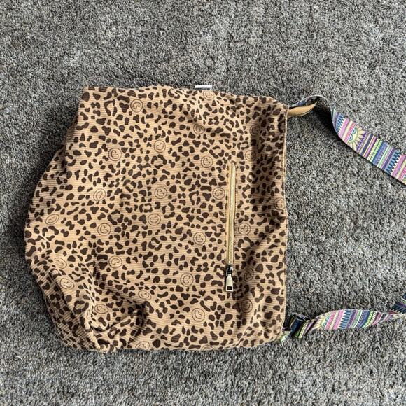 Leopard Print Ribbed Boho Purse Bag w/ Multicolor Straps & Smiley Faces - Picture 2 of 13